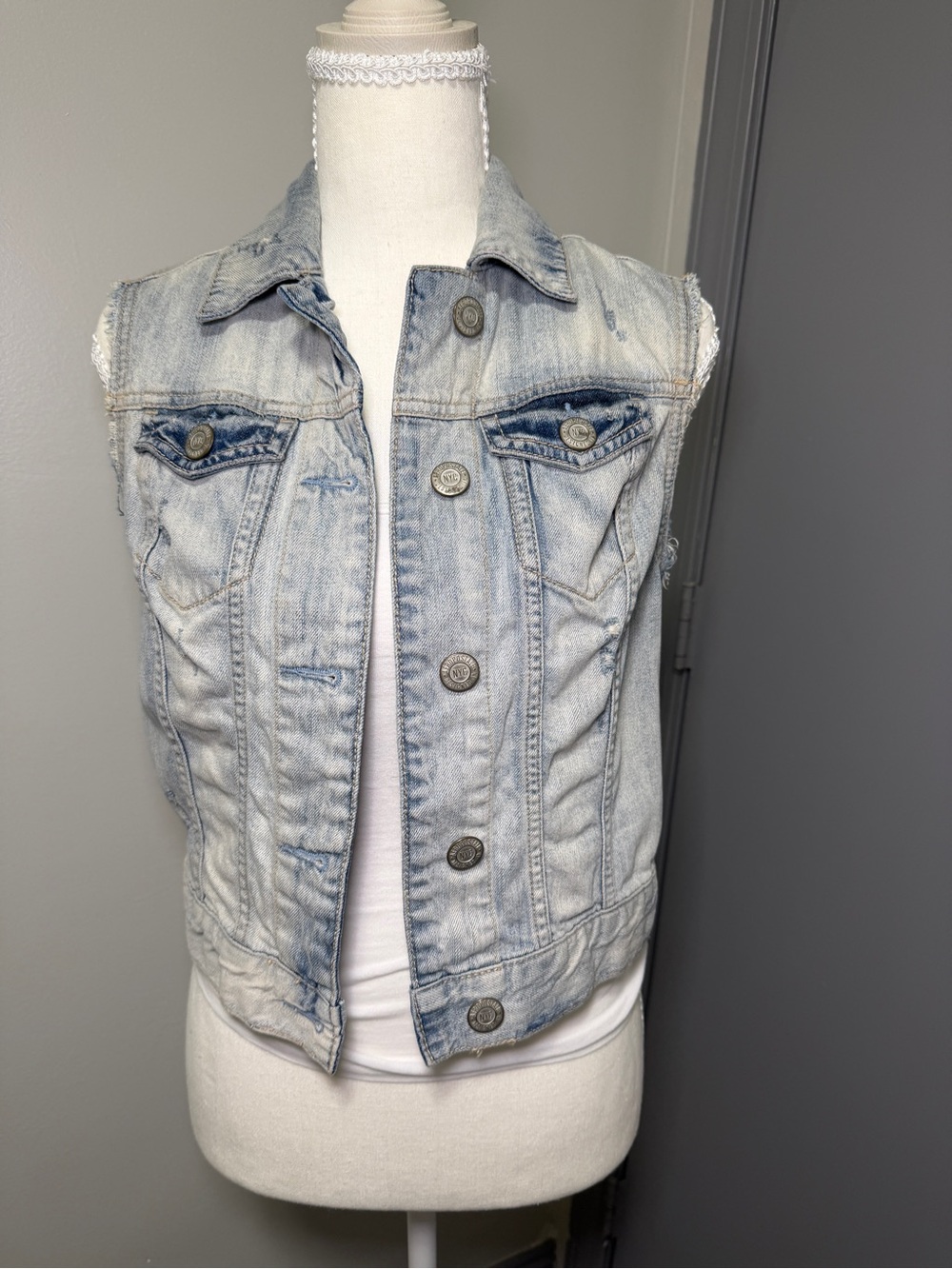 Aeropostale Light Blue Denim Jacket with White Crochet Trim